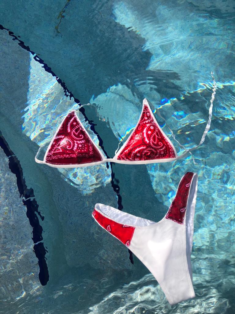 Red bandana bikini, cheeky bikini bottoms, high hip bikini bottom, bandana print bikini, paisley bikini
